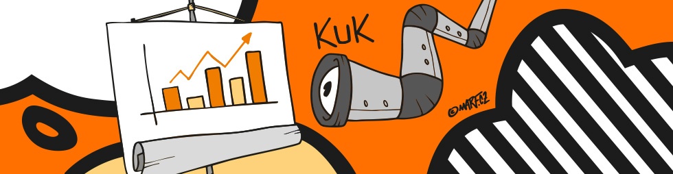 Ilustrace kukátka a flipchatu se symbolem růstu firmy