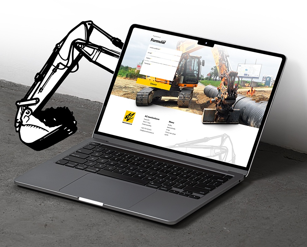 Webové stránky AZ mechanizace na notebooku – online formulář pro rychlý kontakt a vizuálně přitažlivá prezentace přímo ze stavby